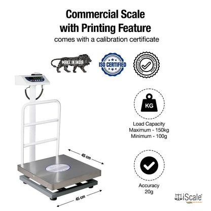 iScale P-150S: 150kg x 20g Commercial Scale with Weight Slip Printing by Built-in Thermal Printer, 450x450mm Stainless Steel Pan, Calibration Certificate Included