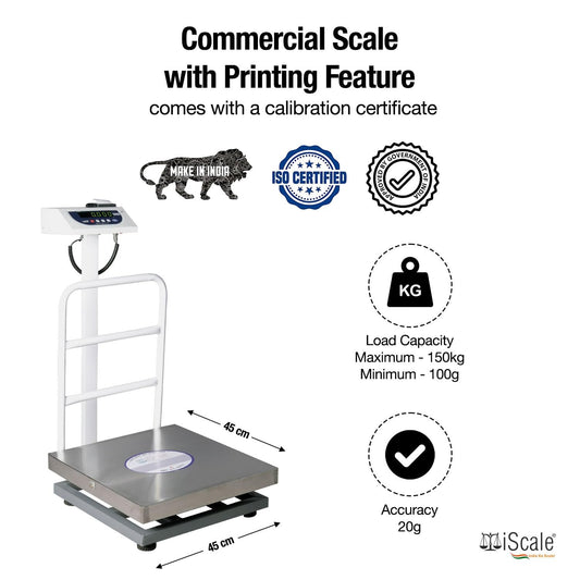 iScale P-150S: 150kg x 20g Commercial Scale with Weight Slip Printing by Built-in Thermal Printer, 450x450mm Stainless Steel Pan, Calibration Certificate Included
