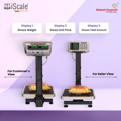 iScale i-10: 50kg x 5g Commercial Price Computing scale with stamp & certificate 20x30cm SS PanFront & Pole Red Display, Rechargeable