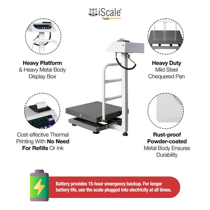 iScale P-100M: 100kg x 10g Commercial Scale with Weight Slip Printing by Built-in Thermal Printer, 400x400mm Mild Steel Chequered Platform, Calibration Certificate Included