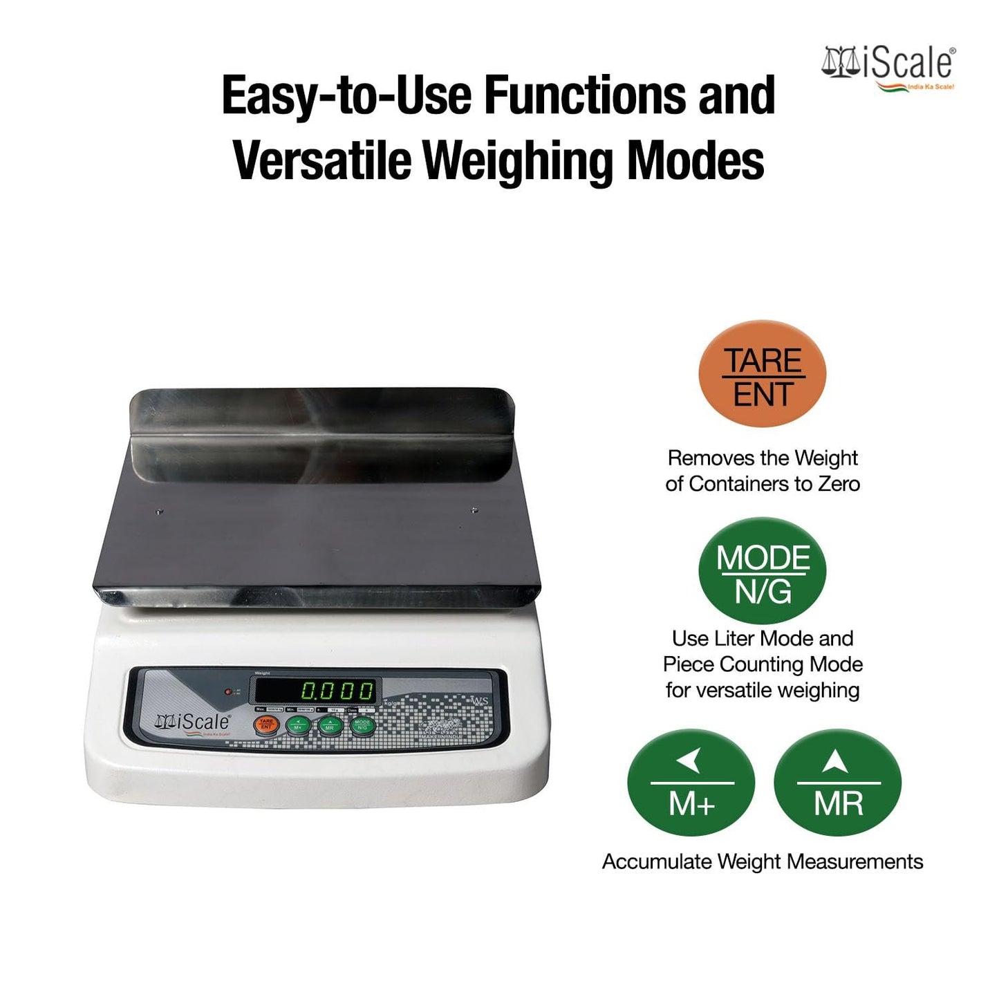 iScale i-06L, 30kg x 1g commercial scale with stamp & certificate, 250x300mm SS Pan, Front & Back Green Display, Rechargeable