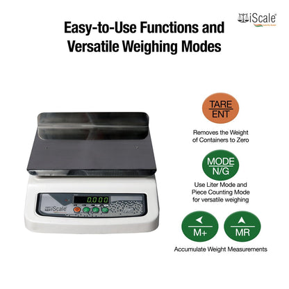 iScale i-06L, 30kg x 1g commercial scale with stamp & certificate, 250x300mm SS Pan, Front & Back Green Display, Rechargeable