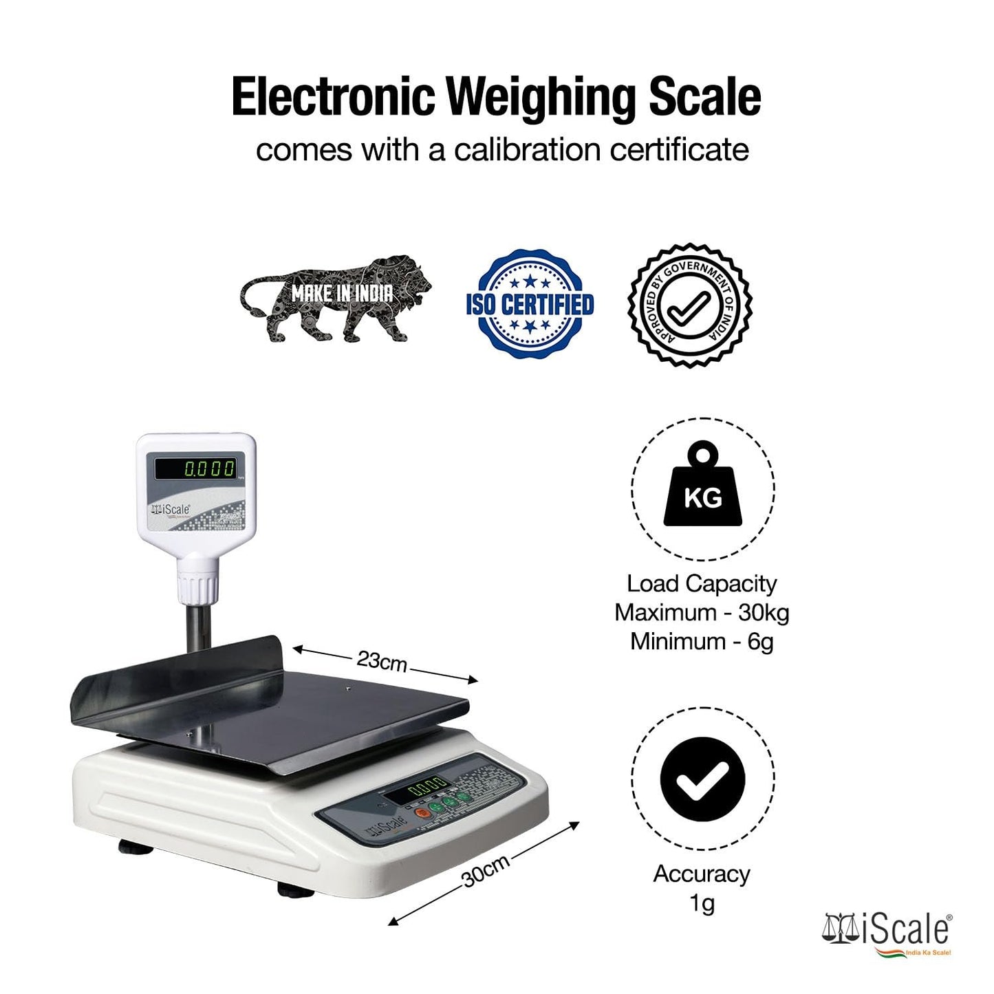 iScale i-05L, 30kg x 1g commercial scale with stamp & certificate, 250x300mm SS Pan, Front & Pole Green Display, Rechargeable
