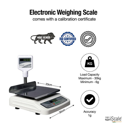 iScale i-05L, 30kg x 1g commercial scale with stamp & certificate, 250x300mm SS Pan, Front & Pole Green Display, Rechargeable