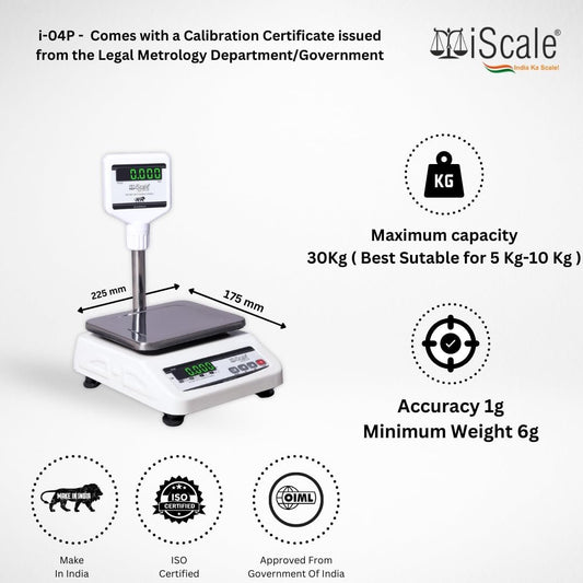 iScale i-04P, 30kg x 1g commercial scale with stamp & certificate, 175x225mm SS Pan, Front & Back Green Display, Rechargeable