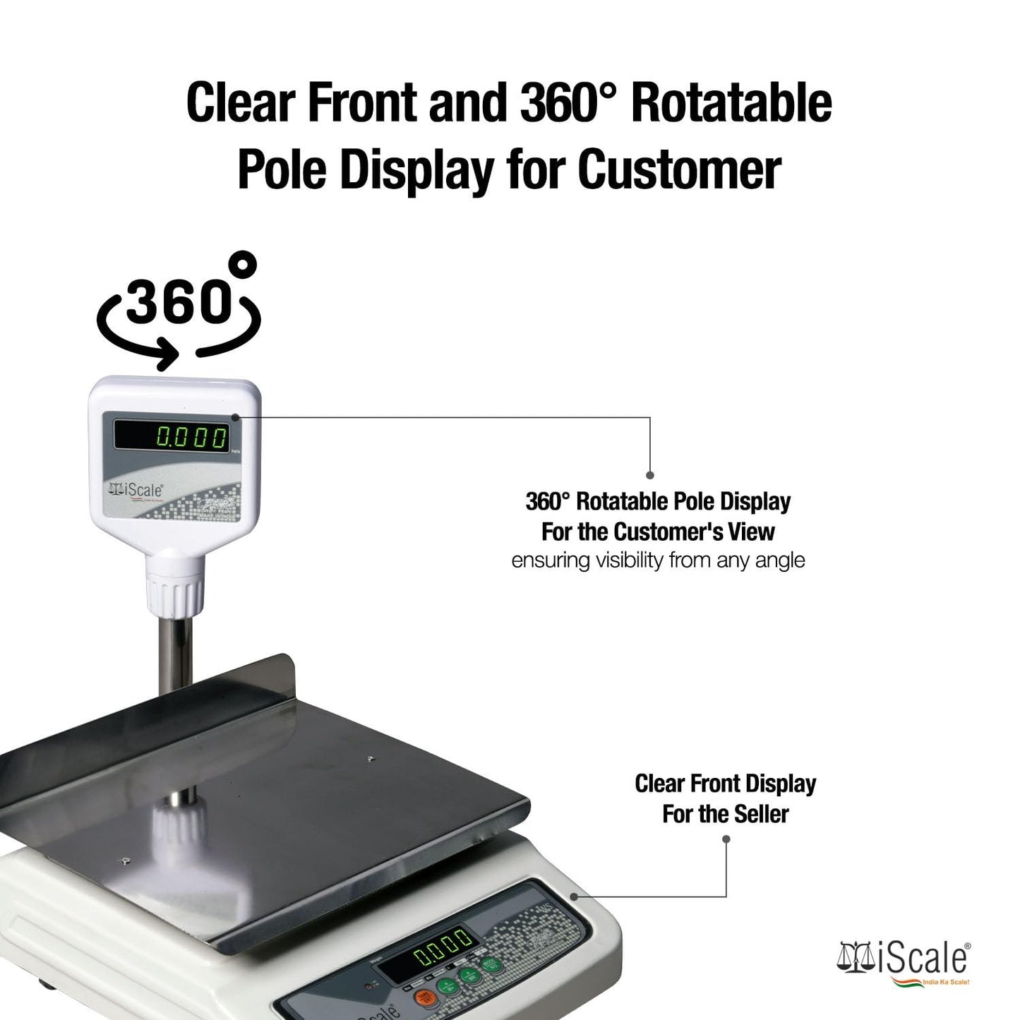 iScale i-05L, 30kg x 1g commercial scale with stamp & certificate, 250x300mm SS Pan, Front & Pole Green Display, Rechargeable