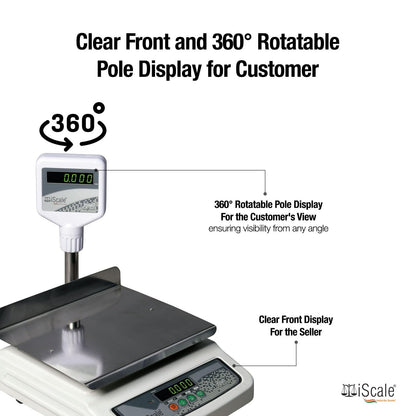 iScale i-05L, 30kg x 1g commercial scale with stamp & certificate, 250x300mm SS Pan, Front & Pole Green Display, Rechargeable