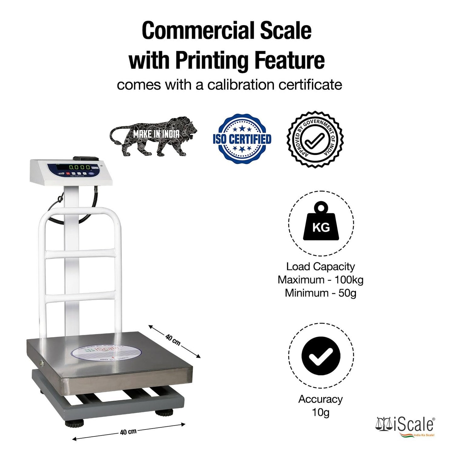 iScale P-100S: 100kg x 10g Commercial Scale with Weight Slip Printing by Built-in Thermal Printer, 400x400mm Stainless Steel Pan, Calibration Certificate Included