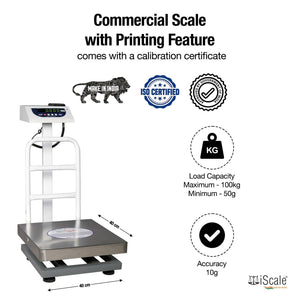 iScale P-100S, 100kg x 10g  Weight Slip Printing Platform Scale, 400x400mm SS Pan, Initial Calibration Certificate,  Chargeable