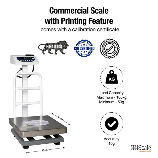 iScale P-100S: 100kg x 10g Commercial Scale with Weight Slip Printing by Built-in Thermal Printer, 400x400mm Stainless Steel Pan, Calibration Certificate Included