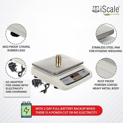 iScale i-02, 30kg x 1g commercial scale with stamp & certificate, 250x300mm SS Pan, Front & Back Red Display, Rechargeable