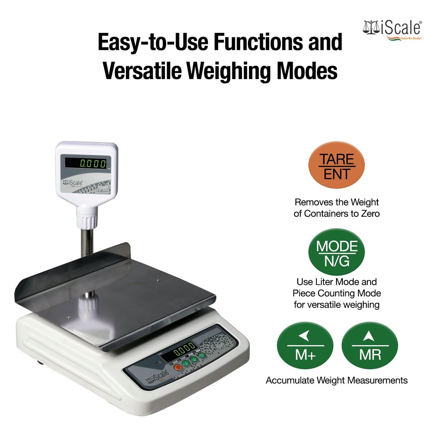 iScale i-05L, 30kg x 1g commercial scale with stamp & certificate, 250x300mm SS Pan, Front & Pole Green Display, Rechargeable