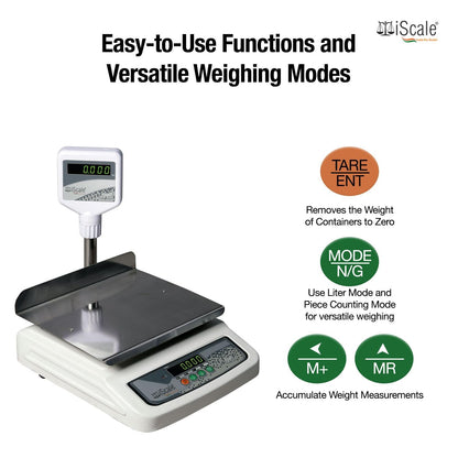 iScale i-05L, 30kg x 1g commercial scale with stamp & certificate, 250x300mm SS Pan, Front & Pole Green Display, Rechargeable