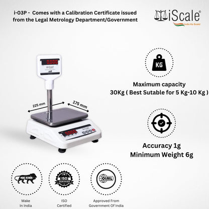 iScale i-03P, 30kg x 1g commercial scale with stamp & certificate, 175x225mm SS Pan, Front & Pole Green Display, Rechargeable