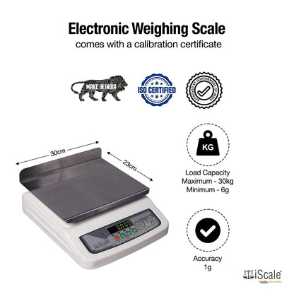 iScale i-06L, 30kg x 1g commercial scale with stamp & certificate, 250x300mm SS Pan, Front & Back Green Display, Rechargeable