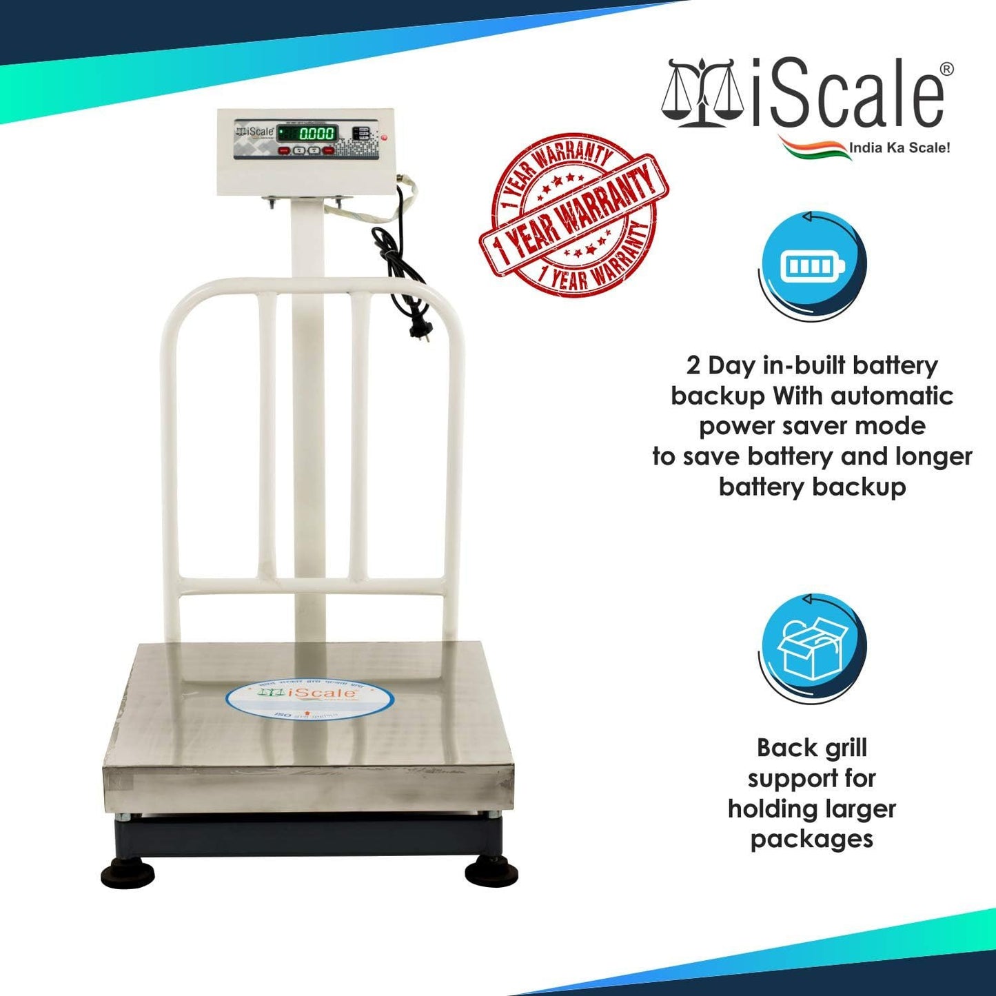 iScale ISP-300S, 300Kg x 20g platform scale, 600x600mm MS Pan, Front & Back Green Display, Chargeable