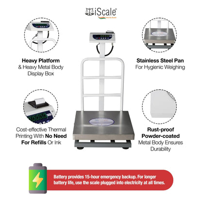iScale P-100S: 100kg x 10g Commercial Scale with Weight Slip Printing by Built-in Thermal Printer, 400x400mm Stainless Steel Pan, Calibration Certificate Included