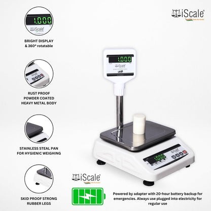 iScale i-04P, 30kg x 1g commercial scale with stamp & certificate, 175x225mm SS Pan, Front & Back Green Display, Rechargeable