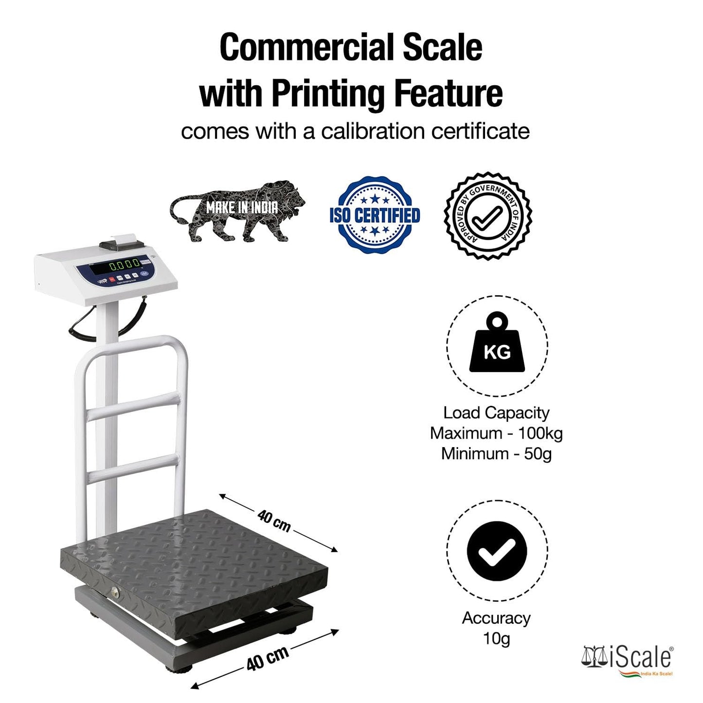 iScale P-100M: 100kg x 10g Commercial Scale with Weight Slip Printing by Built-in Thermal Printer, 400x400mm Mild Steel Chequered Platform, Calibration Certificate Included
