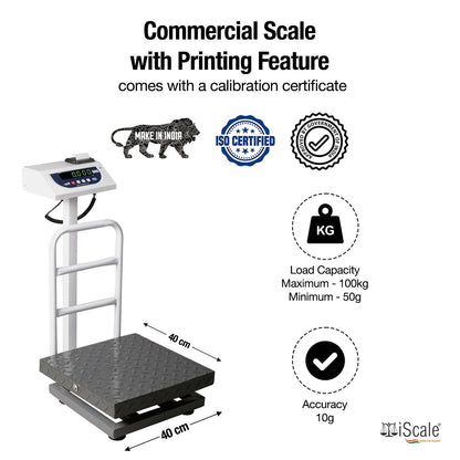 iScale P-100M: 100kg x 10g Commercial Scale with Weight Slip Printing by Built-in Thermal Printer, 400x400mm Mild Steel Chequered Platform, Calibration Certificate Included