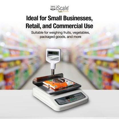 iScale i-05L, 30kg x 1g commercial scale with stamp & certificate, 250x300mm SS Pan, Front & Pole Green Display, Rechargeable