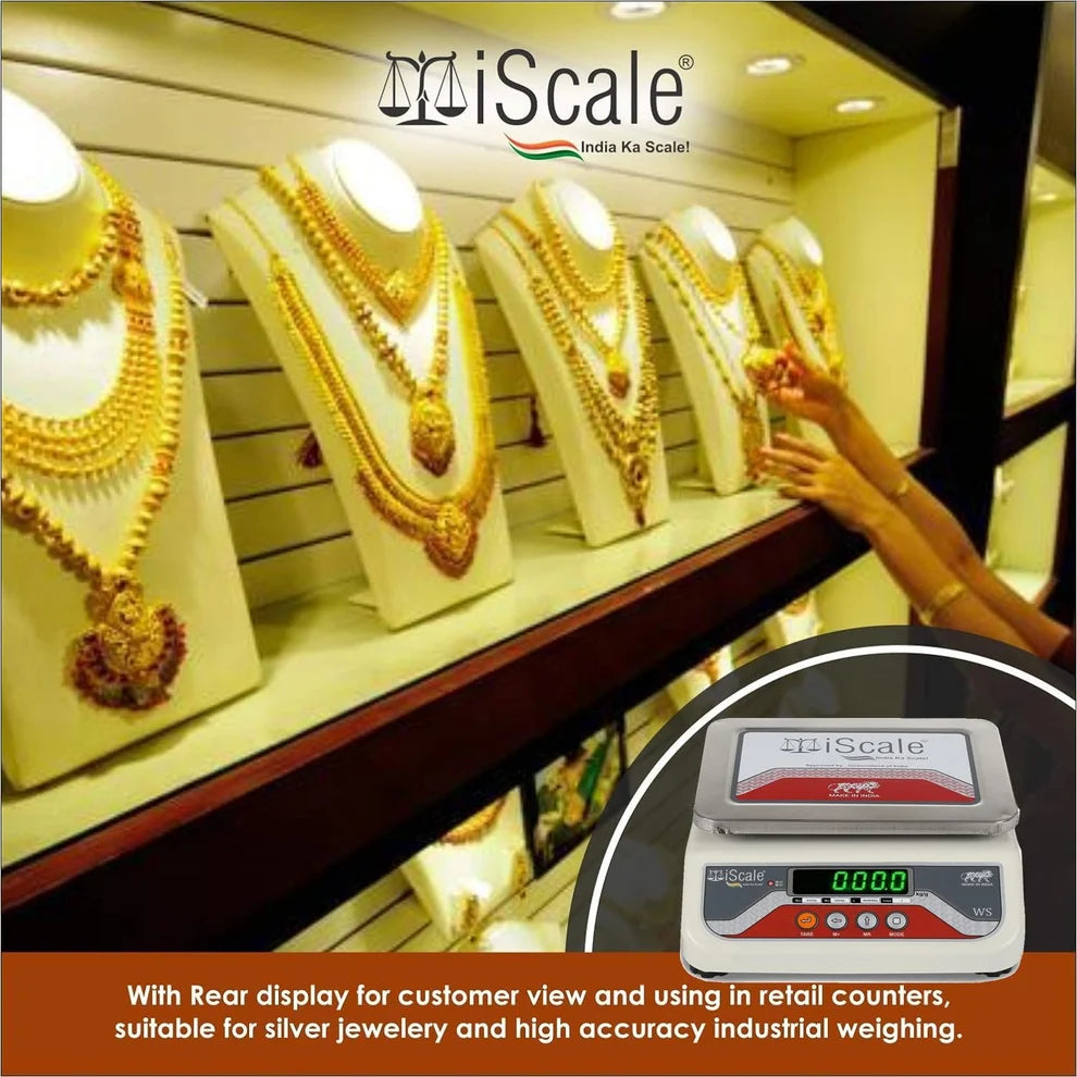 iScale i-04-RS232, 15kg x 200mg commercial scale with stamp & certificate, 175x225mm SS Pan, Front & Back Green Display, Rechargeable