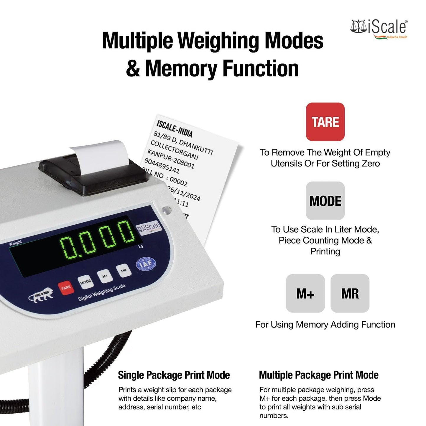 iScale P-200M: 200kg x 20g Commercial Scale with Weight Slip Printing by Built-in Thermal Printer, 500x500mm Mild Steel Chequered Platform, Calibration Certificate Included