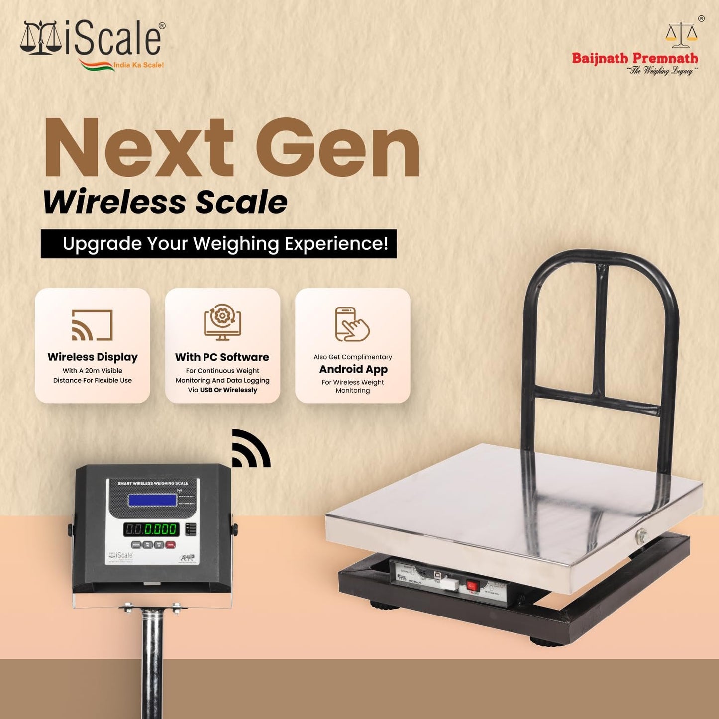 iScale W-200s Wireless Weighing Scale 200kg, 20g Accuracy | 500x500mm SS Platform | PC & Android App | OIML & ISO Certified | Maintenance-Free Weight Machine for Shop, Industrial & Commercial Use