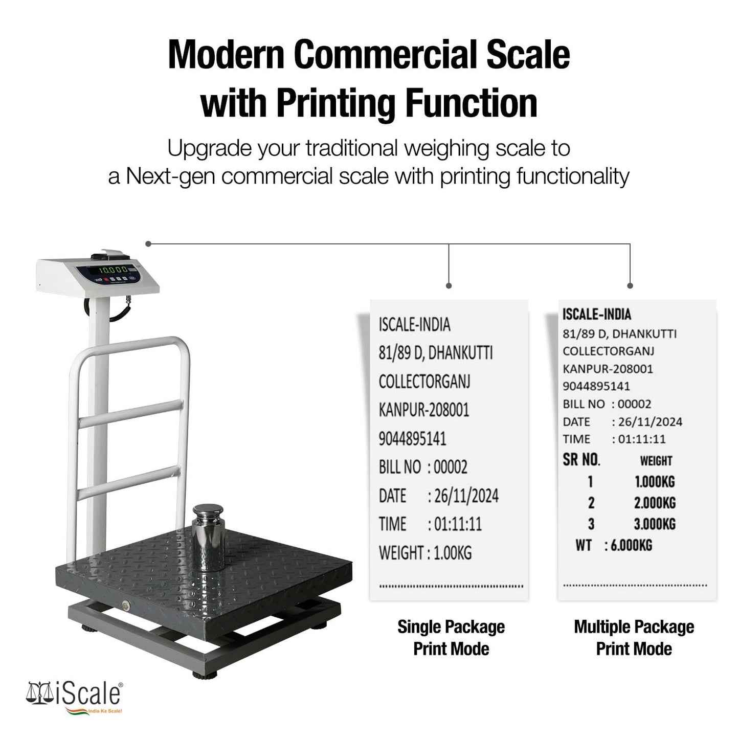 iScale P-150M: 150kg x 20g Commercial Scale with Weight Slip Printing by Built-in Thermal Printer, 450x450mm Mild Steel Chequered Platform, Calibration Certificate Included