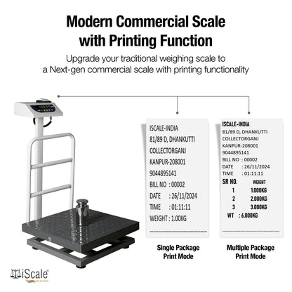 iScale P-150M: 150kg x 20g Commercial Scale with Weight Slip Printing by Built-in Thermal Printer, 450x450mm Mild Steel Chequered Platform, Calibration Certificate Included