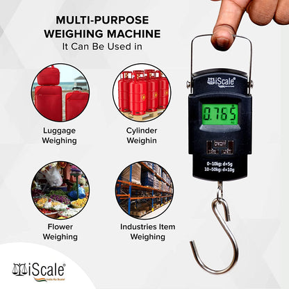 iScale Handy 50kg x 10g Digital Portable Hanging Weighing Scale with Stainless Steel Hook for Luggage, Cylinder, Fishing and Multipurpose Industrial Weighing Use(Not A Legal Scale for Commercial use)