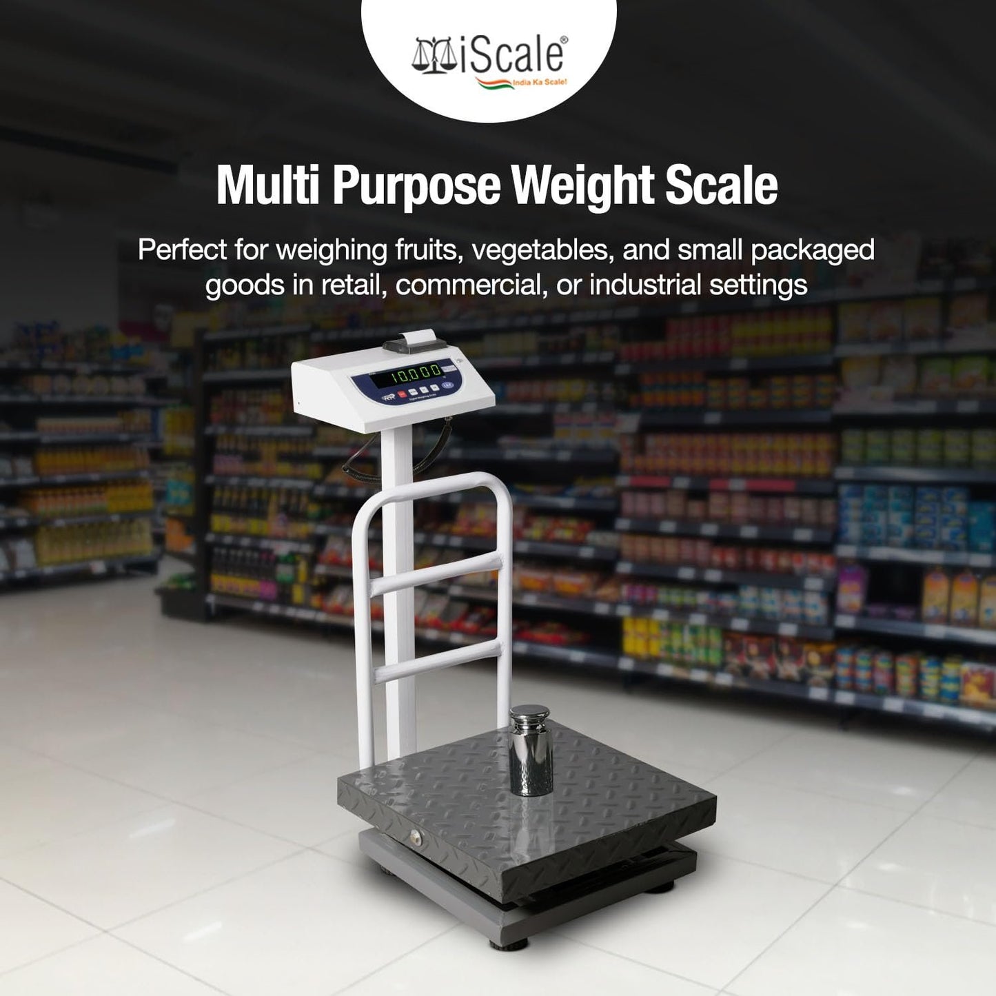 iScale P-100M: 100kg x 10g Commercial Scale with Weight Slip Printing by Built-in Thermal Printer, 400x400mm Mild Steel Chequered Platform, Calibration Certificate Included