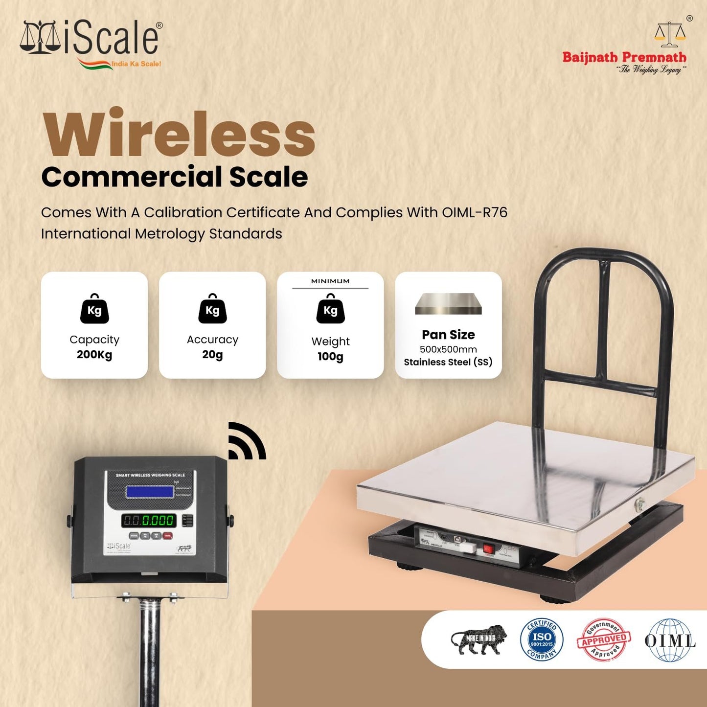iScale W-200s Wireless Weighing Scale 200kg, 20g Accuracy | 500x500mm SS Platform | PC & Android App | OIML & ISO Certified | Maintenance-Free Weight Machine for Shop, Industrial & Commercial Use