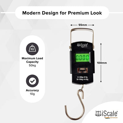 iScale Handy 50kg x 10g Digital Portable Hanging Weighing Scale with Stainless Steel Hook for Luggage, Cylinder, Fishing and Multipurpose Industrial Weighing Use(Not A Legal Scale for Commercial use)