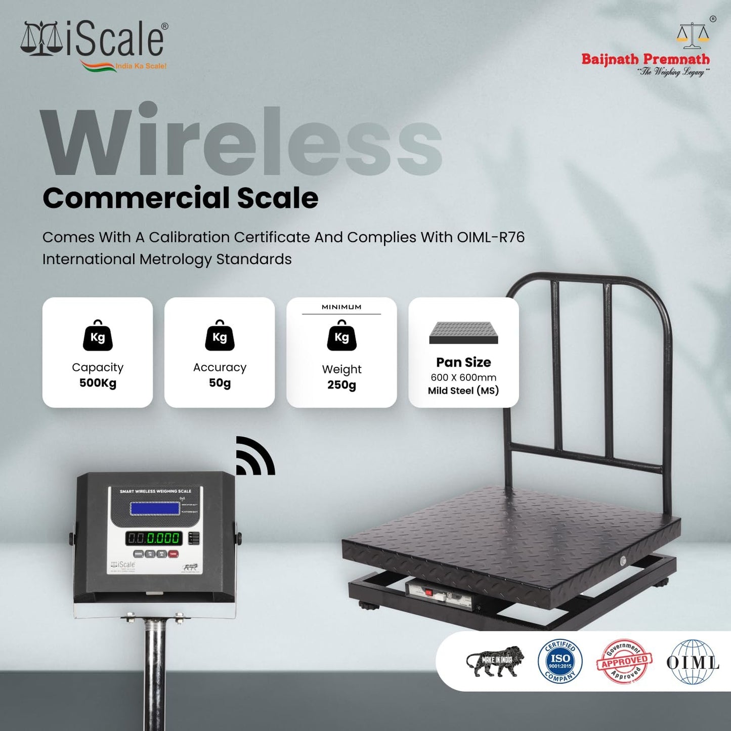 iScale W-500m Wireless Weighing Scale 500kg, 50g Accuracy | 600x600mm MS Platform | PC & Android App | Industrial & Commercial Use