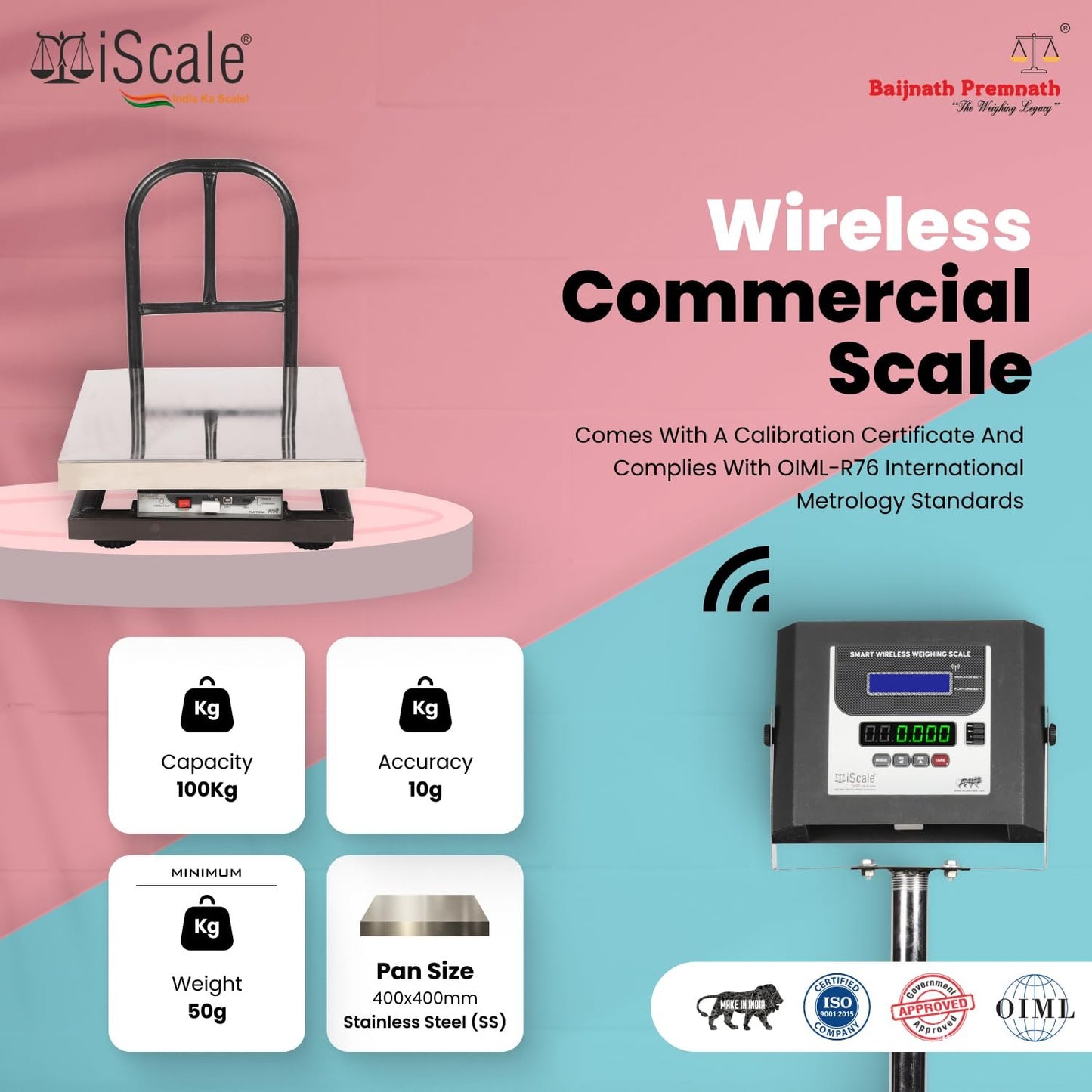 iScale W-100s Wireless Weighing Scale 100kg, 10g Accuracy | 400x400mm SS Platform | PC & Android App | OIML & ISO Certified | Maintenance-Free Weight Machine for Shop, Industrial & Commercial Use