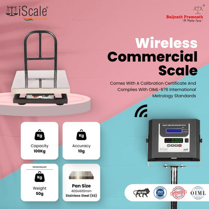 iScale W-100s Wireless Weighing Scale 100kg, 10g Accuracy | 400x400mm SS Platform | PC & Android App | OIML & ISO Certified | Maintenance-Free Weight Machine for Shop, Industrial & Commercial Use