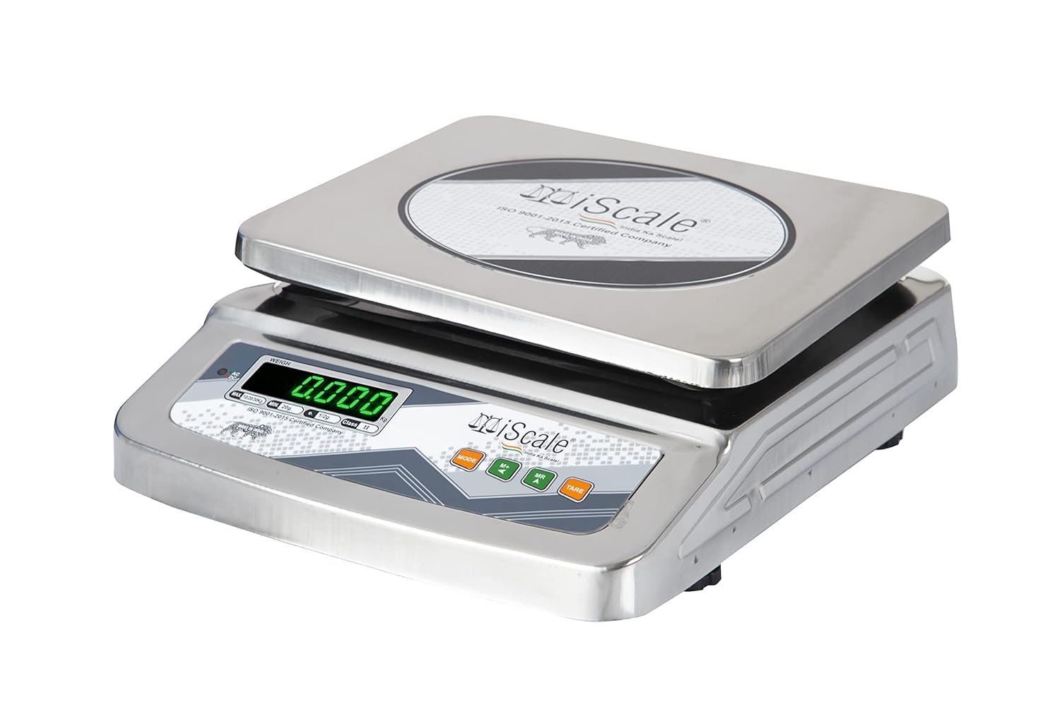 iScale i-07, 30kg x 1g commercial scale with stamp & certificate, 250x300mm SS Body, Front & Back Green Display, Chargeable