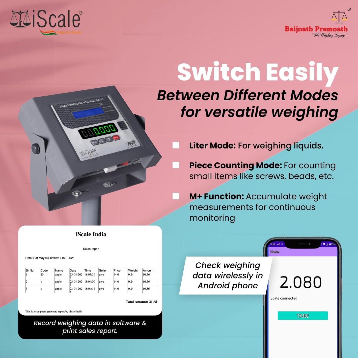 iScale W-100s Wireless Weighing Scale 100kg, 10g Accuracy | 400x400mm SS Platform | PC & Android App | OIML & ISO Certified | Maintenance-Free Weight Machine for Shop, Industrial & Commercial Use