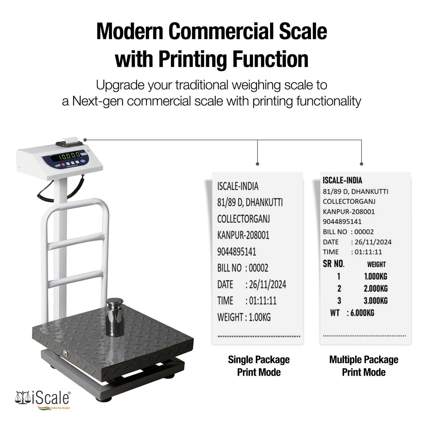 iScale P-50M: 50kg x 5g Commercial Scale with Weight Slip Printing by Built-in Thermal Printer, 350x350mm Mild Steel Chequered Platform, Calibration Certificate Included