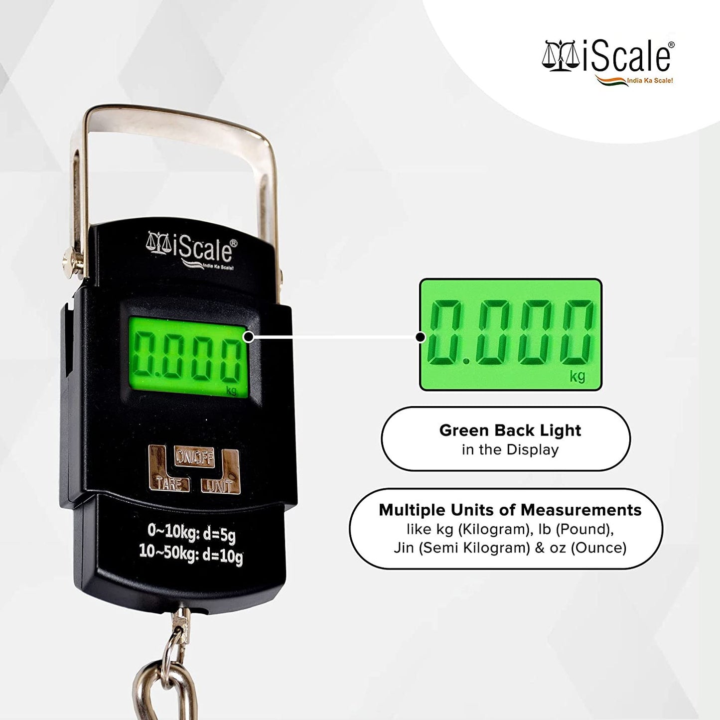 iScale Handy 50kg x 10g Digital Portable Hanging Weighing Scale with Stainless Steel Hook for Luggage, Cylinder, Fishing and Multipurpose Industrial Weighing Use(Not A Legal Scale for Commercial use)
