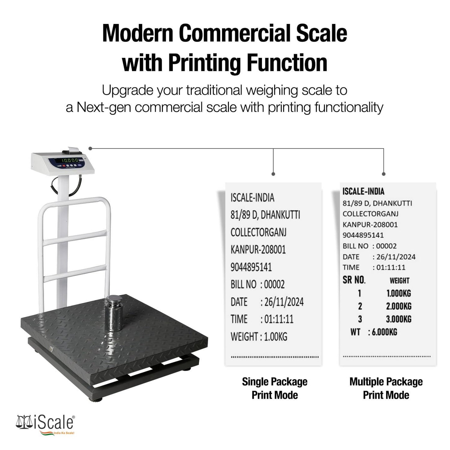 iScale P-300M: 300kg x 50g Commercial Scale with Weight Slip Printing by Built-in Thermal Printer, 600x600mm Mild Steel Chequered Platform, Calibration Certificate Included