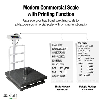 iScale P-500M: 500kg x 50g Commercial Scale with Weight Slip Printing by Built-in Thermal Printer, 600x600mm Mild Steel Chequered Platform, Calibration Certificate Included