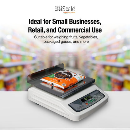 iScale i-06L, 30kg x 1g commercial scale with stamp & certificate, 250x300mm SS Pan, Front & Back Green Display, Rechargeable