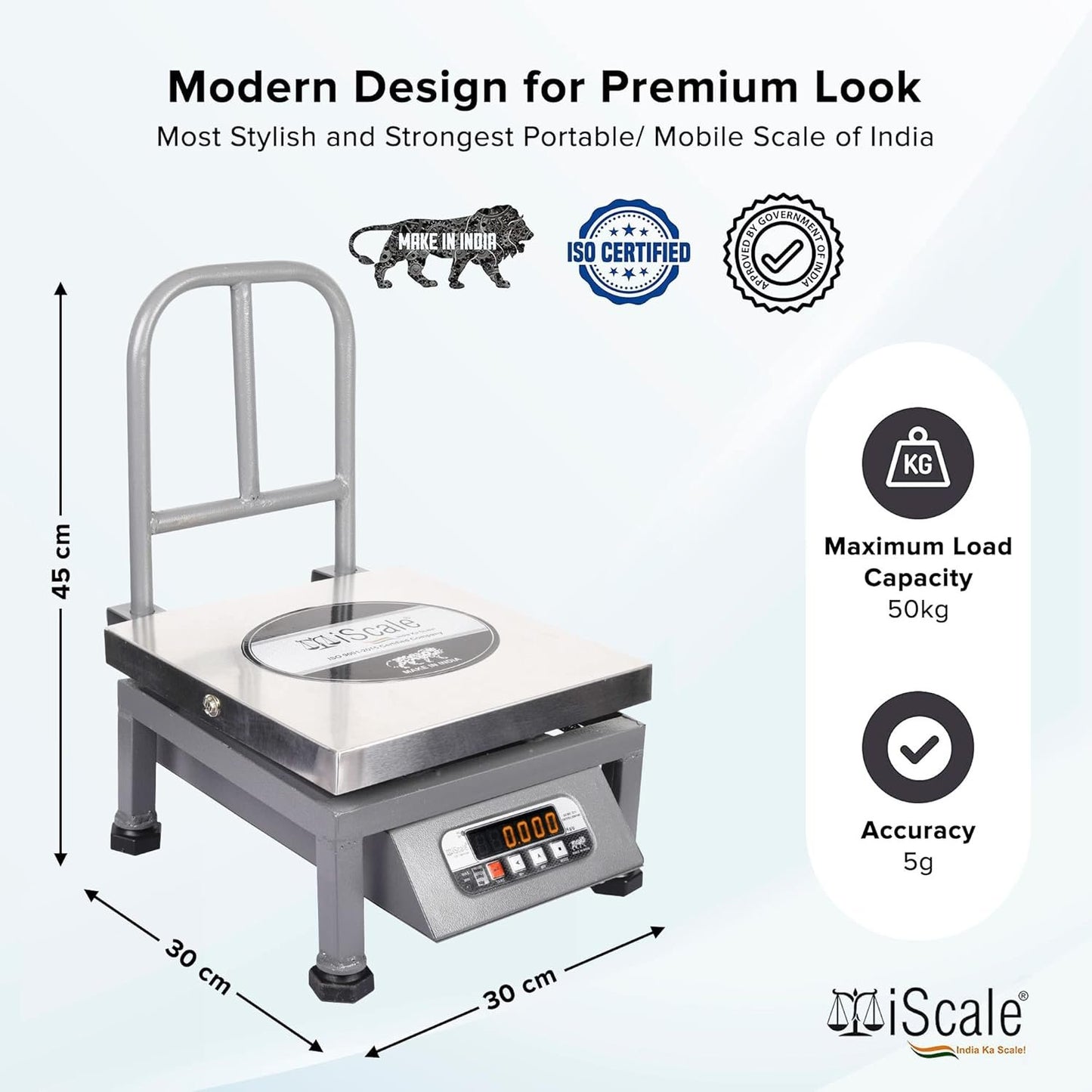 iScale i-20 Bluetooth Platform Scale | 50kg× 5g | SS Pan size 300x300mm | Front & Back Red Display | Free Android/Pc App Billing | For Commercial & Industrial Use