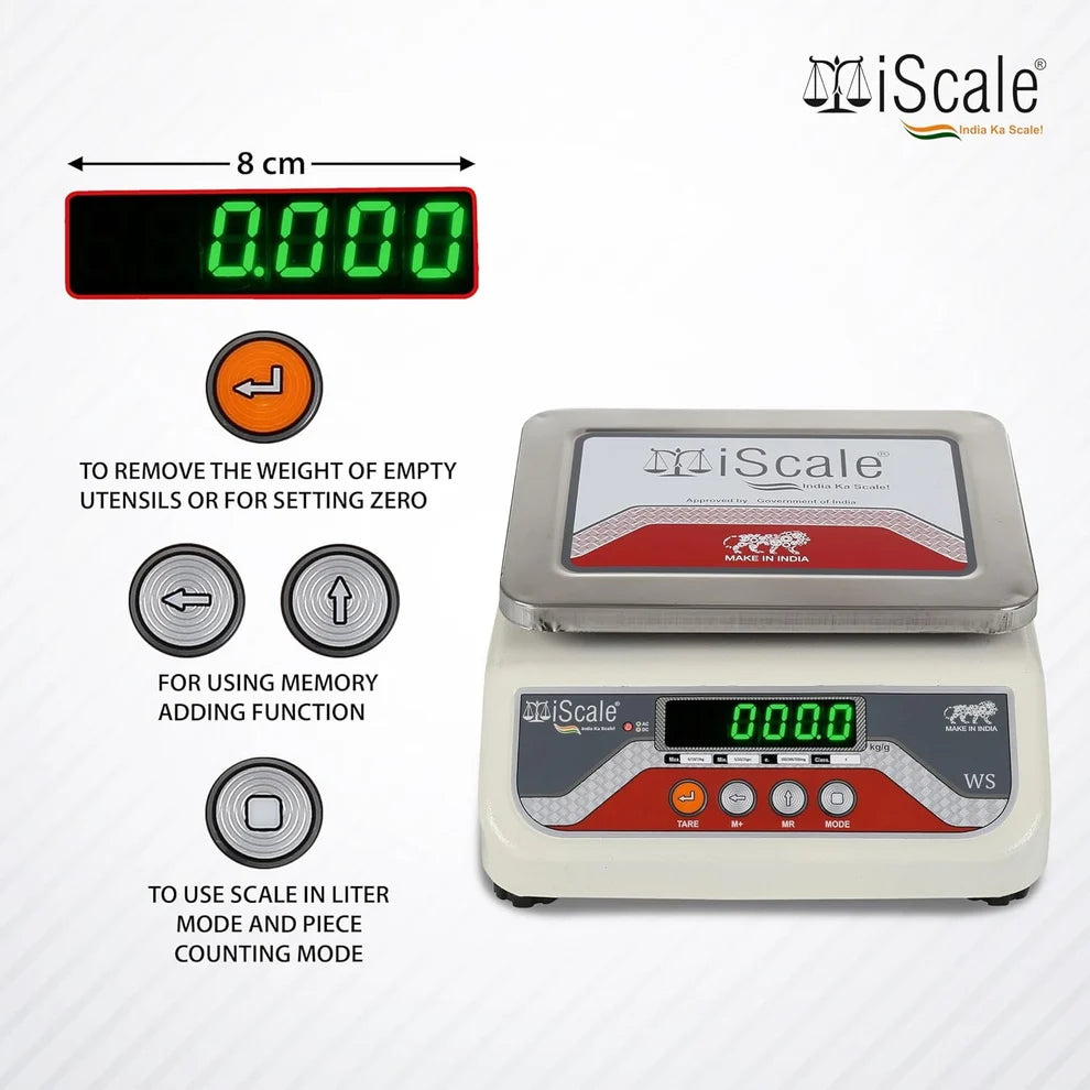 iScale i-04-RS232, 15kg x 200mg commercial scale with stamp & certificate, 175x225mm SS Pan, Front & Back Green Display, Rechargeable