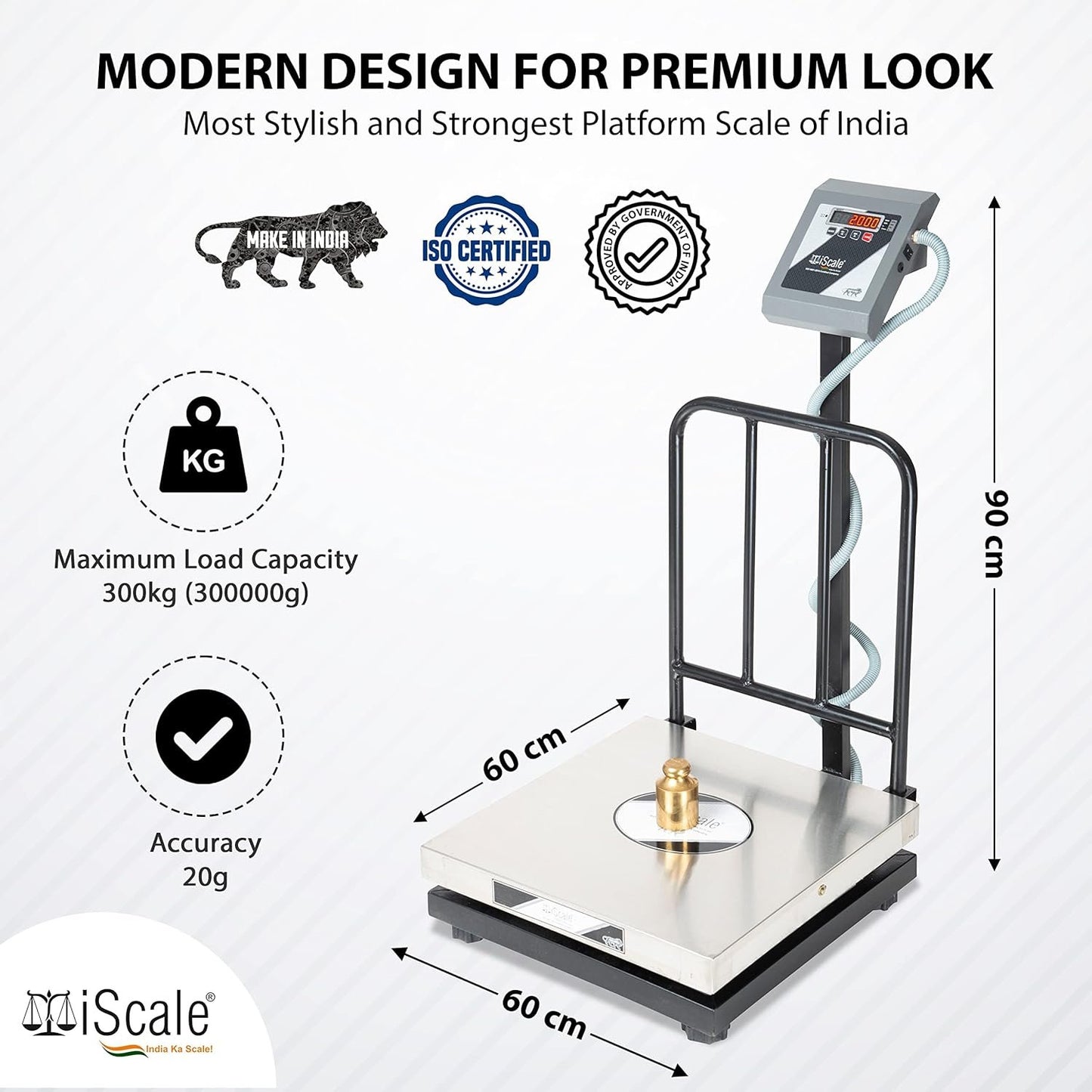 iScale i-18 Bluetooth Platform Scale | 300kg× 50g | SS Pan size 600x600mm | Front & Back Red Display | Free Android/Pc App Billing | For Commercial & Industrial Use