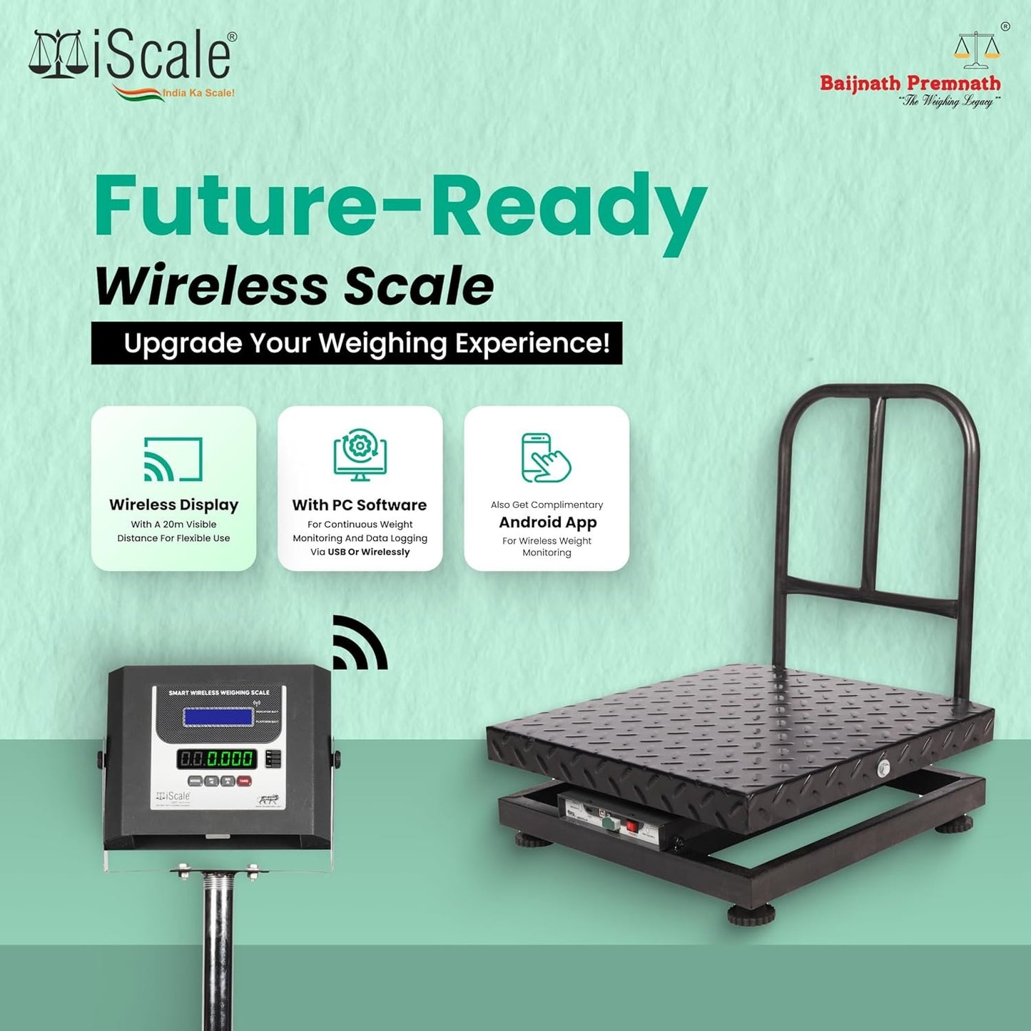 iScale W-200m Wireless Weighing Scale 200kg, 20g Accuracy | 500x500mm MS Platform | PC & Android App | OIML & ISO Certified | Maintenance-Free Weight Machine for Shop, Industrial & Commercial Use