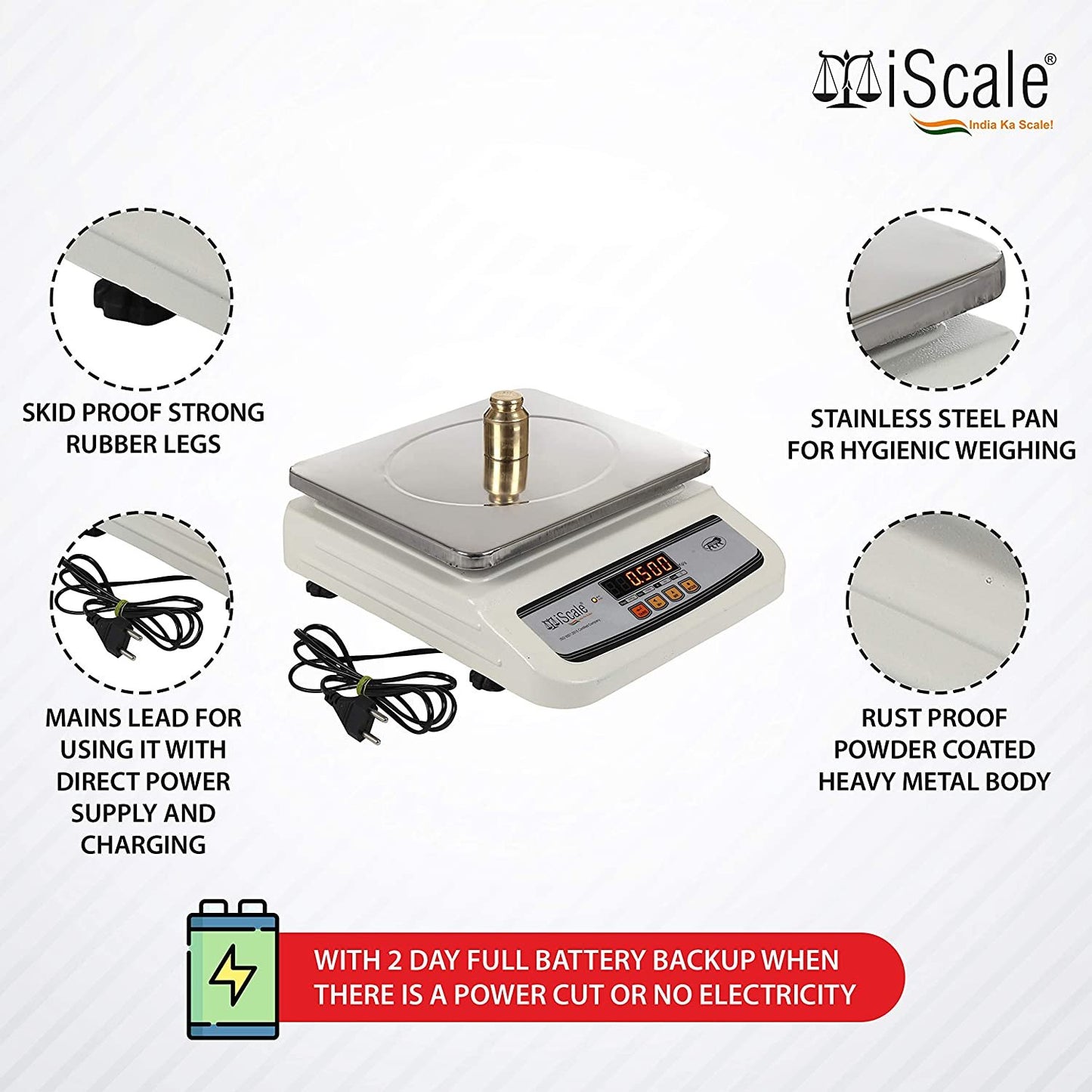 iScale i-02, 30kg x 1g commercial scale with stamp & certificate, 250x300mm SS Pan, Front & Back Red Display, Rechargeable