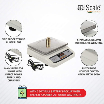 iScale i-02, 30kg x 1g commercial scale with stamp & certificate, 250x300mm SS Pan, Front & Back Red Display, Rechargeable